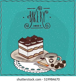 Traditional classic Italian dessert tiramisu with cup of coffee, lie on lacy napkin. Cyan background and ornate lettering bakery. Handmade cartoon style. Vector illustration