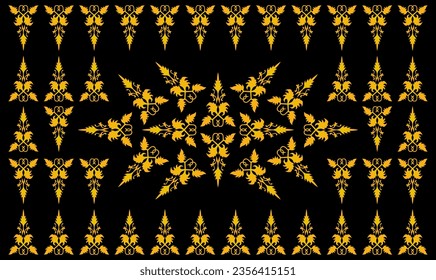 Traditional Classic Malay handwoven black Songket like batik from Indonesia or ethnic pattern with gold threads vector, floral mandala from malaysia or Riau. fabric seamless ornament decorative