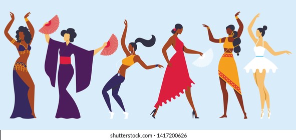 Traditional, Classic and Modern Dancing Hobby. Happy Female Characters Moving Body in Music Rhythm. Weekend Leisure Belly Dance, Tango, Japanese, Disco, Ballet, Indian Cartoon Flat Vector Illustration