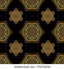 Traditional classic ornament. Golden and black seamless pattern. Oriental vector pattern with arabesques and gloden floral elements.