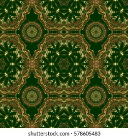 Traditional classic ornament. Golden and green seamless pattern. Oriental vector pattern with arabesques and gloden floral elements.