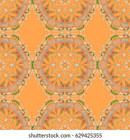 Traditional classic ornament. Multicolored on a orange seamless pattern. Oriental vector pattern with arabesques and gloden elements.