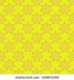 Traditional classic ornament. Oriental vector round mandalas. White, yellow and orange colored seamless pattern with arabesques and floral elements. Vintage with arabesques.