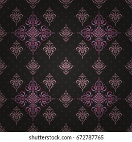 Traditional classic ornament. Oriental vector seamless pattern with arabesques and gray and pink elements on a black background.