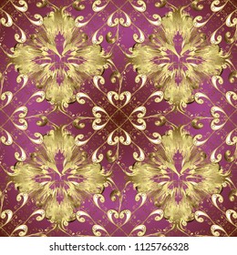 Traditional classic ornament. Seamless Oriental vector cute pattern with arabesques and floral elements. Vector. Illustration on purple, brown and neutral colors. Vintage pattern with arabesques.