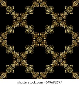 Traditional classic pattern in gold and black colors. Vector illustration. Oriental ornament seamless pattern in the style of baroque on a black background.