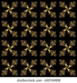 Traditional classic pattern in gold and black colors. Vector illustration. Oriental ornament seamless pattern in the style of baroque on a black background.