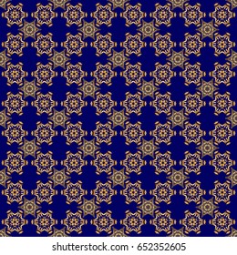 Traditional classic pattern in gold and blue colors. Vector illustration. Oriental ornament seamless pattern in the style of baroque on a blue background.