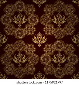 Traditional classic pattern in gold and brown colors. Vector illustration. Oriental ornament seamless pattern in the style of baroque on a brown background.