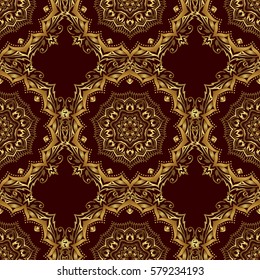 Traditional classic pattern in gold and brown colors. Vector illustration. Oriental ornament seamless pattern in the style of baroque on a brown background.