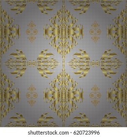 Traditional classic pattern in gold and gray colors. Vector illustration. Oriental ornament seamless pattern in the style of baroque on a gray background.