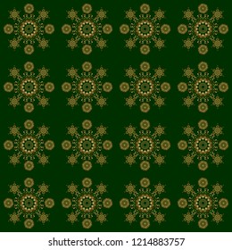 Traditional classic pattern in gold and green colors. Vector illustration. Oriental ornament seamless pattern in the style of baroque on a green background.