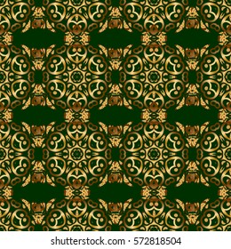 Traditional classic pattern in gold and green colors. Vector illustration. Oriental ornament seamless pattern in the style of baroque on a green background.