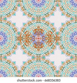 Traditional classic pattern in green and orange colors. Vector illustration. Abstract ornament seamless pattern in the style of baroque.