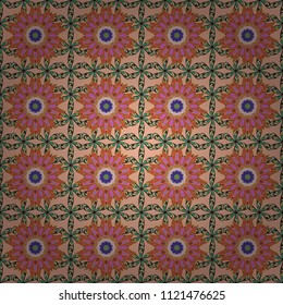 Traditional classic vector cute seamless pattern. Beige, orange and green colors with cute elements. Seamless oriental ornament in the style of baroque.