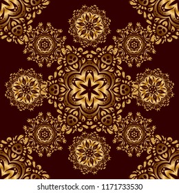 Traditional classic vector golden pattern. Seamless oriental ornament in the style of baroque on a brown background.