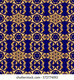 Traditional classic vector golden pattern. Seamless oriental ornament in the style of baroque on a blue background.