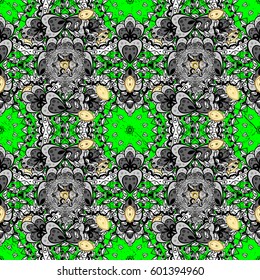 Traditional classic vector golden pattern. Green background with golden elements. Oriental ornament in the style of baroque.