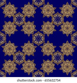 Traditional classic vector golden pattern. Seamless oriental ornament in the style of baroque on a blue background.