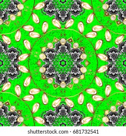 Traditional classic vector golden pattern. Green background with golden elements. Oriental ornament in the style of baroque.