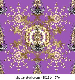 Traditional classic vector golden seamless pattern. Violet, brown and white colors with golden elements. Seamless oriental ornament in the style of baroque.