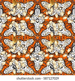 Traditional classic vector golden seamless pattern. Orange background with golden elements. Seamless oriental ornament in the style of baroque.