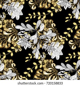 Traditional classic vector golden seamless pattern. Black, white and yellow colors with golden elements. Seamless oriental ornament in the style of baroque.