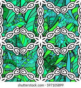 Traditional classic vector green seamless pattern. Stripes background with green elements. Seamless oriental ornament in the style of baroque.