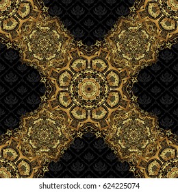 Traditional classic vector ornament on a black background. Oriental golden seamless pattern with arabesques and floral elements.