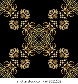 Traditional classic vector ornament on a black background. Oriental golden seamless pattern with arabesques and floral elements.
