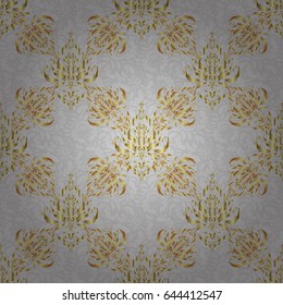 Traditional classic vector ornament on a gray background. Oriental golden seamless pattern with arabesques and floral elements.
