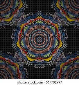Traditional classic vector ornament on a black background. Oriental orange, yellow and violet seamless pattern with arabesques and abstract elements.