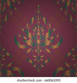 Traditional classic vector ornament. Oriental purple, green and orange seamless pattern with arabesques and abstract elements.
