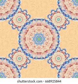 Traditional classic vector pattern in beige and blue. Damask design. Seamless pattern oriental ornament in baroque style.