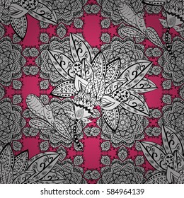Traditional classic vector white seamless pattern. Pink background with white elements. Seamless oriental ornament in the style of baroque.