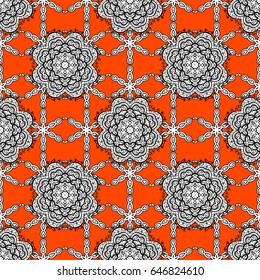 Traditional classic vector white seamless pattern. White elements on orange background. Seamless oriental ornament in the style of baroque.