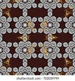 Traditional classic vector white seamless pattern. Vintage elements on brown background. Seamless oriental ornament in the style of baroque.