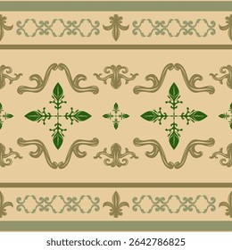 Tradicional Clássico Vitoriano Fleur de lis Scroll Ornamento Europeu Decoração Sem Costura Padrão De Borda. Estilo Império rico real com ouro verde esmeralda em tapete de decoração marrom Cortina mão desenhada