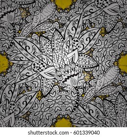 Traditional classic white vector pattern on yellow background with white elements. Oriental ornament in the style of baroque.