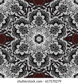 Traditional classic white vector pattern on brown background with white elements. Seamless oriental ornament in the style of baroque.