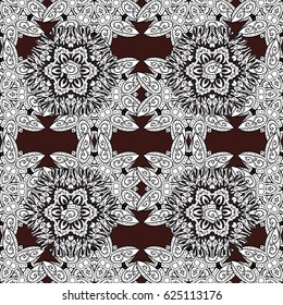 Traditional classic white vector pattern on brown background with white elements. Seamless oriental ornament in the style of baroque.