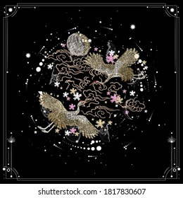 traditional classical folk floral embroidery. Vector illustration set of moon phases. Different stages of moonlight activity in vintage engraving style. Zodiac Signs
