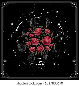 traditional classical folk floral embroidery. Vector illustration set of moon phases. Different stages of moonlight activity in vintage engraving style. Zodiac Signs