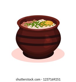 Traditional clay ceramic soup pot, Bulgarian cuisine national food dish vector Illustration on a white background