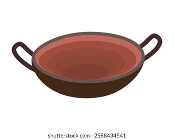 Traditional clay cooking pan with handles and food illustration for kitchen and cuisine