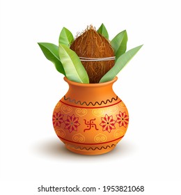 Traditional clay Kalash isolated on white. Hindu and Jain ritual element for puja. Sacral symbol of abundance, wisdom, and immortality. Vector illustration.