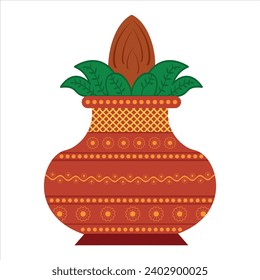 Traditional clay Kalash isolated on white. Hindu and Jain ritual element for puja. Sacral symbol of abundance, wisdom, and immortality. Vector illustration.