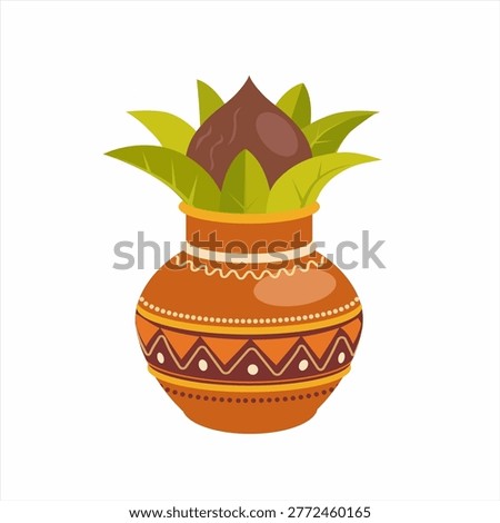 Traditional clay Kalash isolated on white. Hindu and Jain ritual element for puja. Sacral symbol of abundance, wisdom, and immortality. Vector illustration.