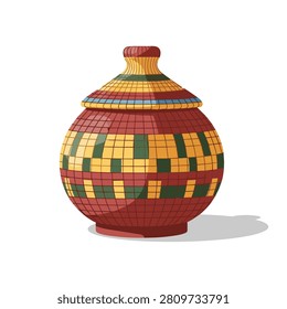 A traditional clay pot or jug decorated with red and brown geometric patterns, exhibiting a rustic, ancient, and ethnic cultural aesthetic.