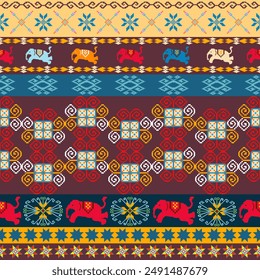 patrón de tela tradicional elefante étnico sarong Horizontal patrón de punto de cruz. Pixel Patrón de Vector sin costura utilizando Formas geométricas organizadas en varias Formas. Patrón de tejido sin costuras